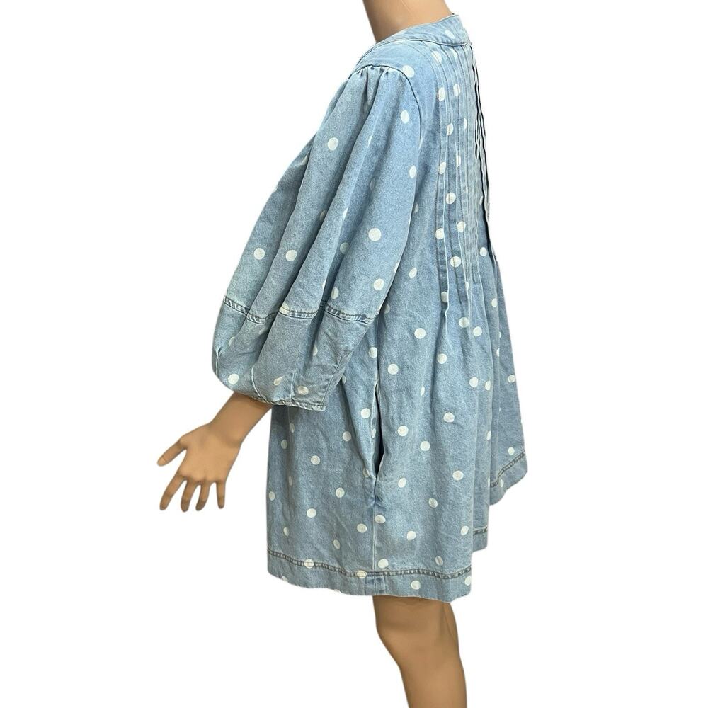 Peach Love California Polka Dot Denim Romper Large Oversized Puff Sleeve Pleated - Picture 4 of 10